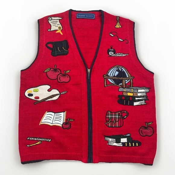 Karen Scott Sweaters - Vintage Karen Scott Sweater Vest Women Small Teacher School Art to Wear Novelty
